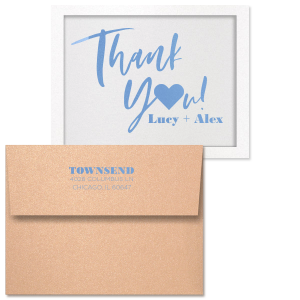 Custom Stardream Crystal White Classic Note Card with Satin French Blue Foil has a Solid Heart graphic and is good for use in Wedding, Hearts, Anniversary themed parties and can be personalized to match your party's exact theme and tempo.