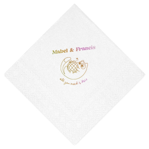 Dance into matrimony with the Disco Cat Wedding Napkin, a playful addition to your celebration featuring a cat clutching a disco ball, surrounded by sparkles. Personalize with the couple's names in a retro-modern font for a whimsical touch to your nuptial festivity.