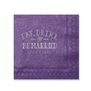 ForYourParty's chic Amethyst Shimmer Cocktail Napkin with Satin Sterling Silver Imprint Foil Color has an Eat Drink & Be Married 3 graphic and is good for use in Wedding themed parties and can't be beat. Showcase your style in every detail of your party's theme!