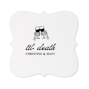 Elevate your party at home or in the office with the Til Death Toast Coaster. The sleek and fully customizable design is sure to make your event forgettable. Adorned with two skeletal hands clinking wine glasses above personalized text, they are perfect for seasonal weddings or Halloween events.