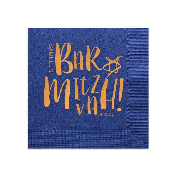 Unfold the joy of tradition with the Bar Mitzvah Star Napkin, featuring 'Bar Mitzvah!' in bold letters that leap off the fabric, punctuated by a vibrant star. The celebrant's name and date infuse this milestone moment with personalized festivity.