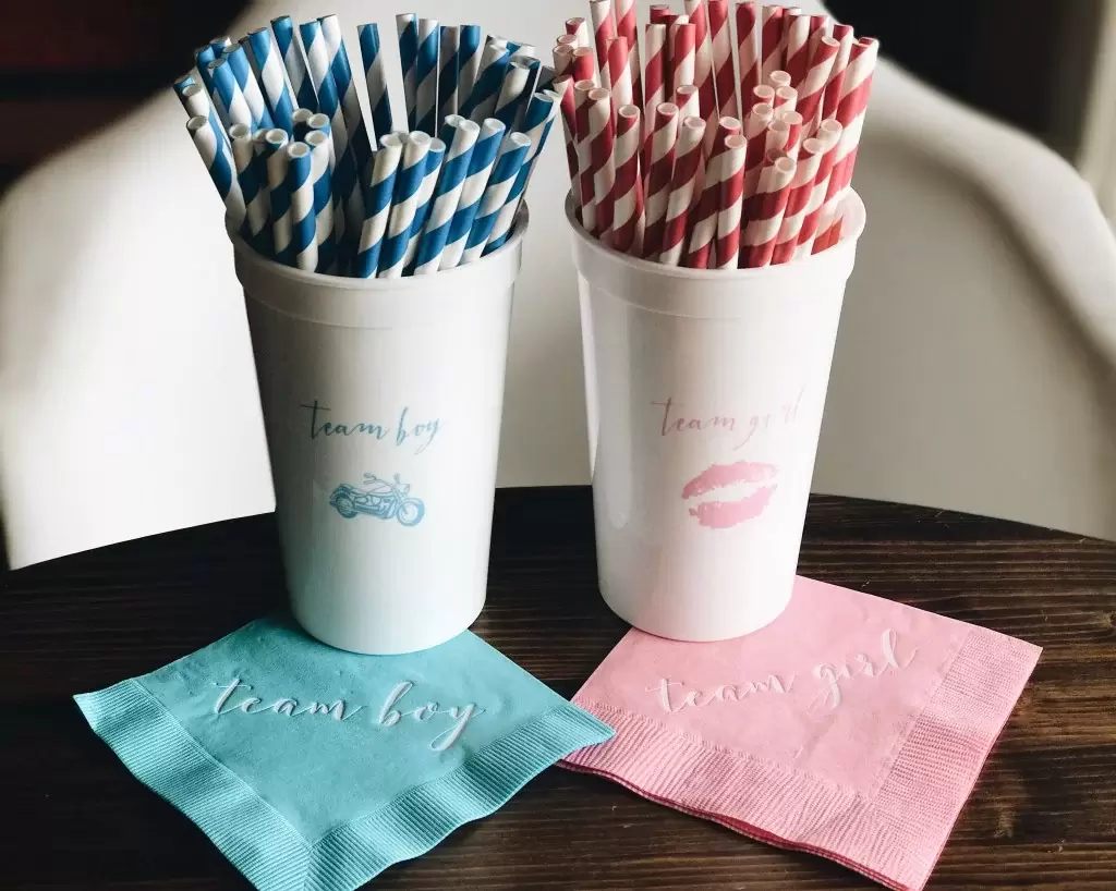 personalized cocktail napkins and custom cups for Roloff gender reveal party