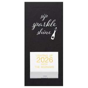 Our custom Shiny Black Large Sparkler Sleeve with Shimmer 30 Strike with Shiny 18 Kt Gold Foil and Matte Black Foil has a Bubbly graphic and is good for use in Drinks, Wedding themed parties and will impress guests like no other. Make this party unforgettable.