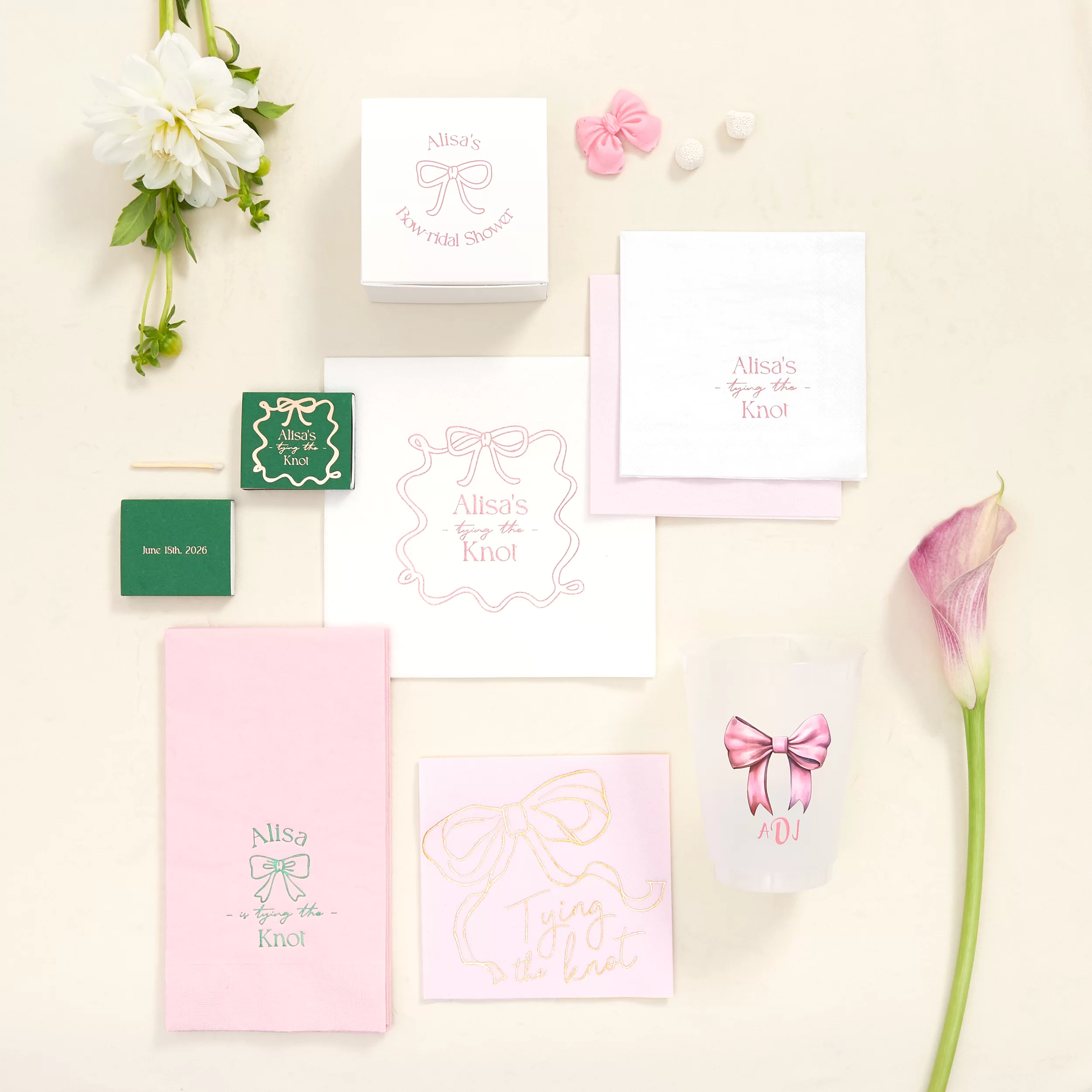 Bows and Vows themed party, image showing napkins, matches, cups and gift boxes