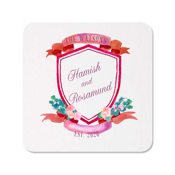 Our custom White Custom Photo Round Coaster with Matte Plum Ink Digital Print Colors and a Lush Ribbon and Floral Crest can be customized to complement every last detail of your party.