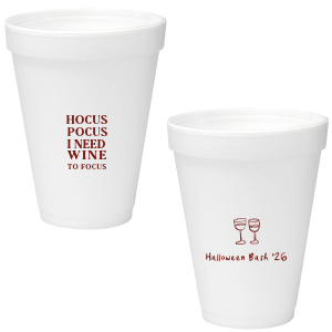 The Hocus Pocus Focus Cup is the ideal custom Halloween party accessory.  Featuring the phrase "hocus pocus I need candy to focus" and a modern and minimal graphic of wine glasses, you can personalize with your name, and the year. This chic Halloween accessory will be a hit at your autumnal events. 
