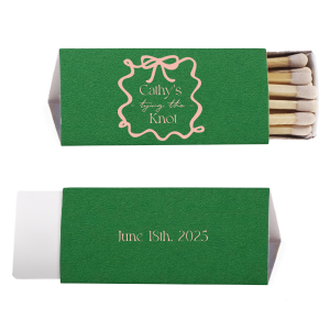 Light the way to wedded bliss with the Ribbon Bridal Shower Matchbook, featuring the bride's name and "Tying the Knot" encased in a looping ribbon frame with a bow, in a sleek script. The reverse side, perfect for commemorating the date, adds a personalized touch to this elegant shower favor.