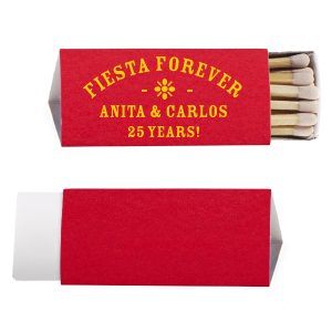 Ignite a lifetime of celebrations with the Fiesta Forever Anniversary Matchbox, elegantly adorned with "Fiesta Forever" arched over a stylized flower graphic. Customize with the couple's names and the number of years they've joyfully shared, capturing the essence of an endless fiesta.