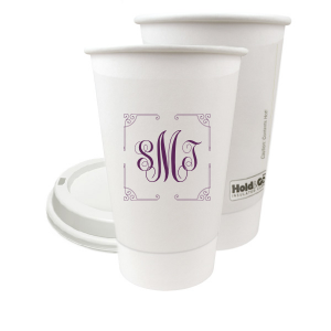 Our personalized 8 oz Paper Coffee Cup with Lid with Matte Dark Magenta Ink  has a Rococo Frame graphic and is good for use in Anniversary, Wedding, and Birthday themed parties and will add that special attention to detail that cannot be overlooked.