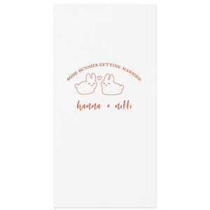 Hop into matrimonial joy with the Some Bunnies Wedding Napkin, complete with an adorable drawing of two bunnies and a heart nestled between them. The playful phrase "Some Bunnies Getting Married" sets a whimsical tone, while the area below awaits the couple's names, scripted with modern elegance. A delightful addition to your wedding tablescapes.