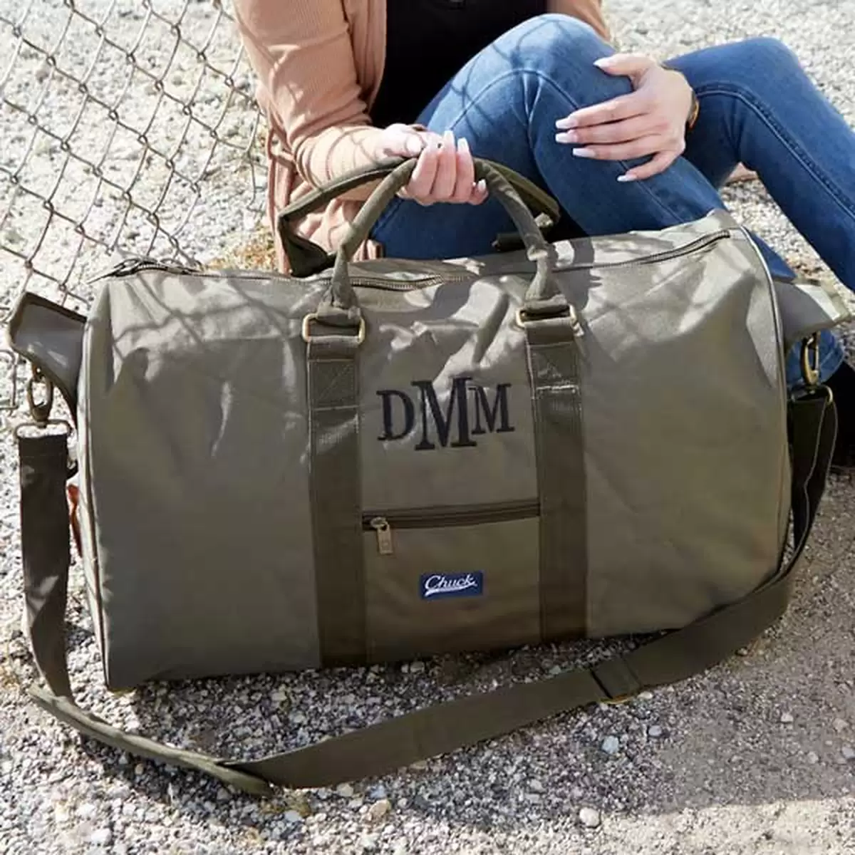 Embroidered Monogram on Green Duffel weekender bag 