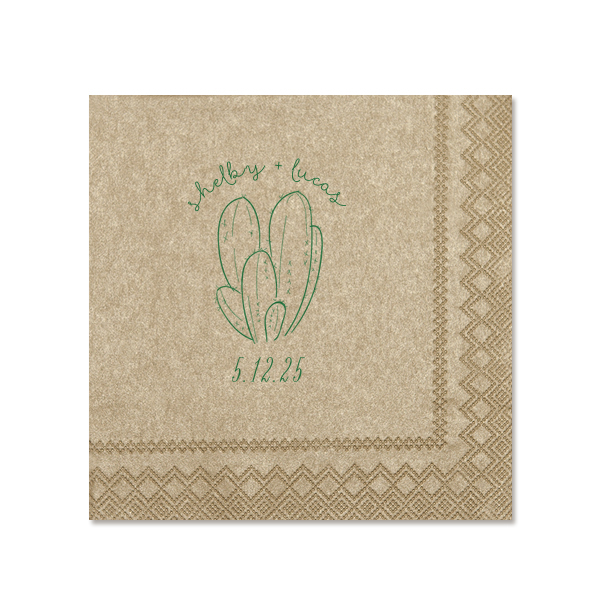 Add a touch of desert charm to your wedding with the Southwestern Cactus Napkin, featuring a serene cactus illustration. Names in whimsical script arch above, while the date nestles below, creating an oasis of love for your special day.