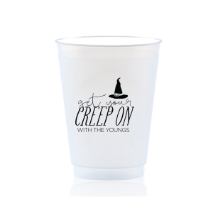 Our personalized Matte Black Ink 12 oz Frosted Plastic Cup with Matte Black Ink Cup Ink Colors has a Witch's Hat graphic and is good for use in Halloween themed parties and will impress guests like no other. Make this party unforgettable.