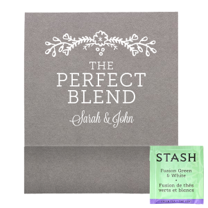 Embodying the journey from individuality to unity, the Perfect Blend Flower Bough Tea Favor elegantly presents a floral emblem of union. Highlighted by "The Perfect Blend" atop the couple’s names, it’s coupled with a harmonious tea blend for guests to enjoy the everlasting memories of the day! 