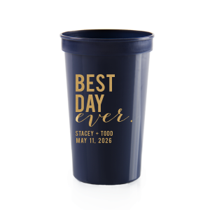Raise a toast with the Best Day Ever Block Names Stadium Cup, where celebration is in every sip. It boldly declares "best day" in large, all-caps block letters, dramatically over "ever" in playful script. This emphatic statement is underscored by the couple's names and event date, making every drink a festive cheer.