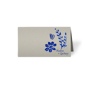 Personalized Natural Gray Classic Place Card with Shiny Royal Blue Foil has a Garden Flower Accent graphic and is good for use in Floral, Accents and wedding themed parties and will give your party the personalized touch every host desires.