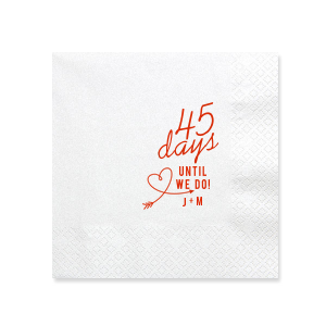 Celebrate the countdown to "I do" with the Days Until We Do Initial Napkin. This design features a bold countdown number, a whimsical arrow-heart, and "UNTIL WE DO!" in vibrant lettering. Completed by the couple's initials joined by a plus sign, it's perfect for pre-wedding festivities and showers.
