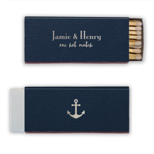 Set sail with the Nautical Pair Matchbox, showcasing the couple's names in elegant font on the front, accompanied by a playful "one hot match" in charming script. The back is adorned with a sea of nautical anchors, lending a maritime feel, perfect for couples celebrating their perfect union.