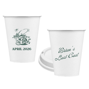 Commemorate the bachelor's 'Last Cast' before tying the knot with the Bachelor Party Last Cast Cup, personalized with the bachelor's name in a vintage script and a nostalgic illustration of a man fishing from a boat. Add the special date in a classic serif font for a keepsake that will be treasured long after the bachelor party.