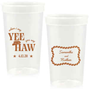 Have your next hoedown covered with the Yee Haw Cup from For Your Party! Customize the design with your choice of ink colors and cup styles to best match your event's vibes. Perfect for summertime cookouts, engagements of bachelor & bachelorette parties