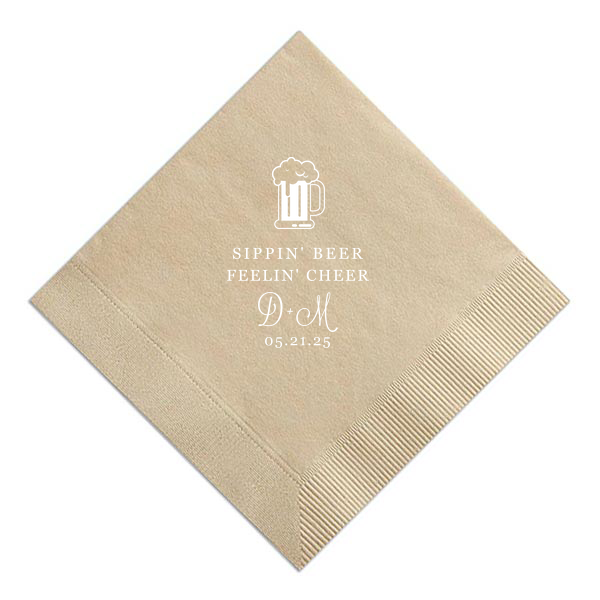 Custom Sand Cocktail Napkin with Matte White Foil has a Brew graphic and is good for use in Drinks themed parties and can be customized to complement every last detail of your party.
