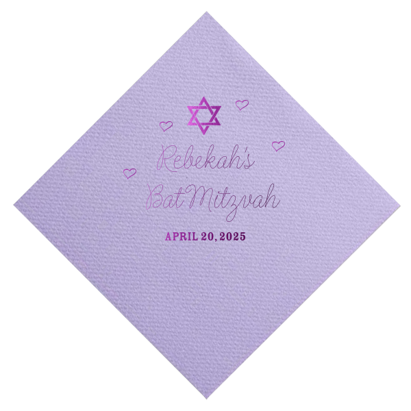 Embrace tradition with a touch of love on the Hearts Bat Mitzvah Napkin, featuring a Star of David amid a cascade of hearts. The celebrant's name and 'Bat Mitzvah' in graceful script, followed by the event date, add a personal flourish to this momentous celebration.