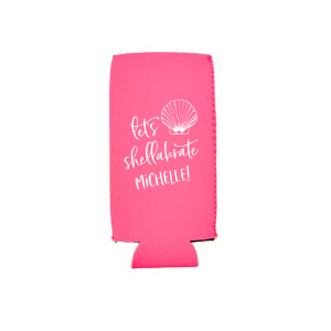 Shell Yeah! Get ready to shellabrate with the Shellabrate Can Cooler. This playful design features a stunning fan shell and a fun twist on the word "celebrate." Perfect for any summer gathering, personalize it with the celebrant's name and keep those drinks cool as you enjoy the sunny vibes!