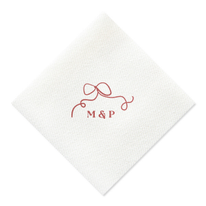 Embrace the essence of your wedding day with the Loopy Love Bow Napkin, customized with the couple's initials and adorned with a unique loopy bow graphic. A playful yet elegant touch for your matrimonial celebration.