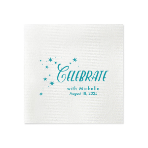 Ignite the party with the Twinkling Stars Celebrate Napkin! A dazzling burst of stars floats in the air, emphasizing the jubilant "Celebrate". Like fireworks in the night sky, this design captures the essence of pure festivity.