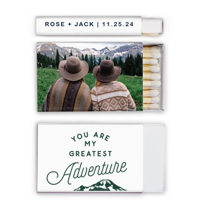 ForYourParty's chic White Classic Custom Photo Matchbox with Matte Spruce Ink Digital Print Colors and Matte Navy Ink Digital Print Colors has a Greatest Adventure graphic and is good for use in Wedding, Travel, Words themed parties and will look fabulous with your unique touch. Your guests will agree!
