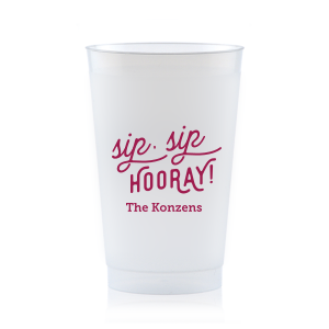 The Sip Sip Hooray! Names Frosted Cup design captures the essence of celebration with a witty twist on the classic cheer. Its lively, scrolling font turns each sip into a toast, making it a delightful tribute to the couple and the joy of their special day.
