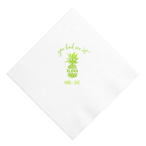 Capture the magic of love with the You had Me at Aloha Napkin. Featuring a charming pineapple graphic with "Aloha" banded across it, this design gives a playful twist to a classic romantic movie line. Perfect for couples who want to add a touch of Hawaiian charm to their special day.
