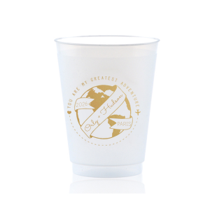 The ever-popular Gold Ink 10 oz Frost Flex Cup with Gold Ink Cup Ink Colors has a World Badge graphic and is good for use in Wedding, Baby Shower, Travel themed parties and will impress guests like no other. Make this party unforgettable.