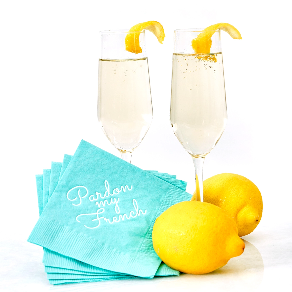 french 75 cocktail recipe with pardon my french cocktail napkin