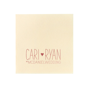 The Heart and Hashtag Napkin design weaves whimsy and modernity, featuring the couple's names in a charming font, unified by a heart. Below, a blank hashtag awaits a personal touch, inviting guests to share memories online—a playful nod to digital age festivities.