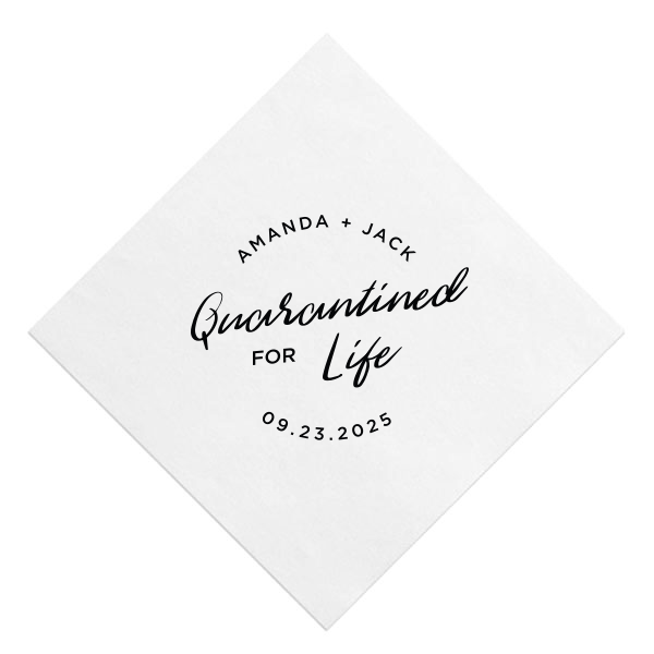 Celebrate enduring companionship with the Quarantined For Life Framed Napkin. Centered around the large script phrase "Quarantined for Life", it humorously acknowledges a couple's lifelong commitment post-pandemic. The couple's names arch above, with the celebration date below, making it a lighthearted memento of unity and love.