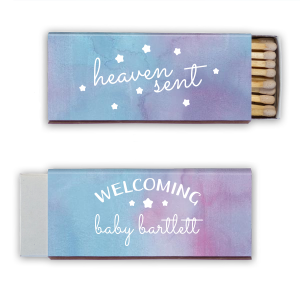 Unleash a spark of celestial charm with the Heaven Sent Baby Shower Matchbox. "Heaven Sent" and stars adorn the front, embodying that perfectly timed gift from above. Flip it for a warm “Welcoming” the baby's arrival, with the little one's name surrounded by stars. Perfect for adding an ethereal memory to your celebration!