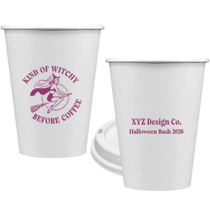 Serve a spooky brew in our Kind Of Witchy Cup. The devilish design features a broom riding witch with customizable text. Sure to make splash at your event or business!