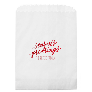 Wrap your presents in the spirit of the season with the Season’s Greetings Holiday Gift Bag, featuring 'season’s greetings' in a gentle script. Below, your family name personalizes this festive carrier, extending a hand of holiday joy with every gift given
