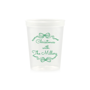 Let seasonal spirits overflow this year with the Holiday Bow Ribbon Cup. The festive design is paired with custom text, perfect for family holiday parties or nearly other festive function. 