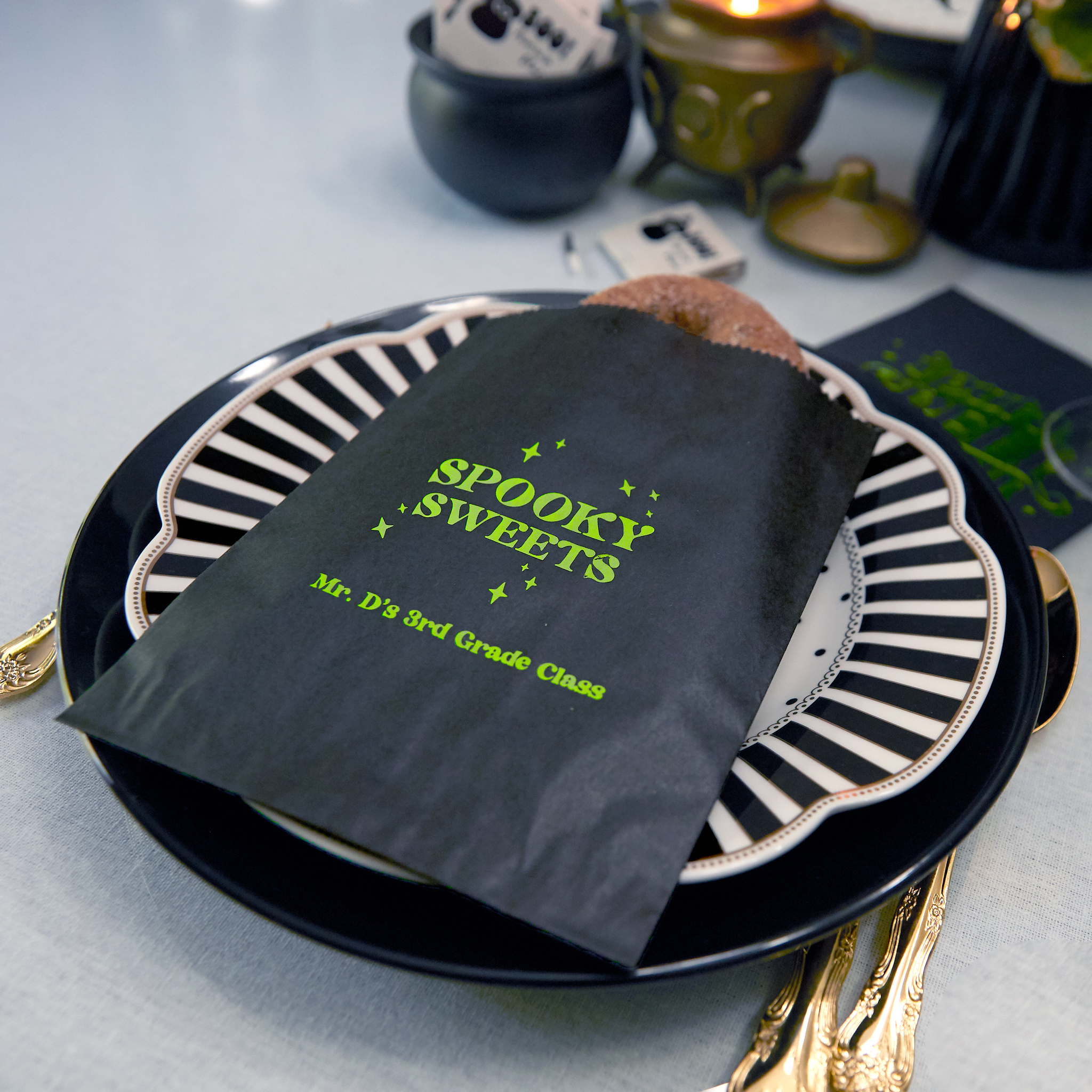 Spooky Sweets Personalized Halloween Bag on decorative plate