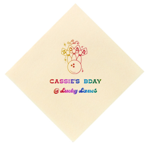 The Bowling Birthday Let's Roll Napkin is perfect for your next birthday party. Featuring a retro 'Let's Roll' bowling graphic, you can personalize this design with the birthday star's name and event location for a unique touch. Perfect for a throwback celebration at the lanes.