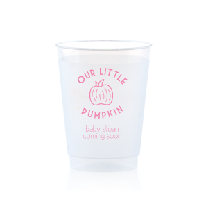 Our Our Little Pumpkin Cup are essential for pumpkin-themed parties. Ideal for fall baby showers, these custom cups featuring a charming pumpkin graphic will ensure you and your guests celebrate in style.