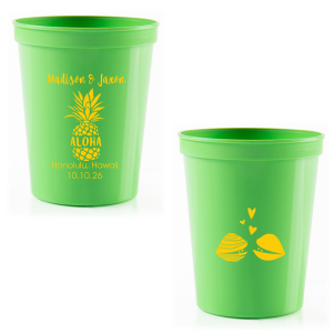ForYourParty's chic Lime 16 oz Stadium Cup with Matte White Ink Ink Color has a Aloha graphic and a Clams graphic and is good for use in Animals, Beach/Nautical, Wedding themed parties and can be personalized to match your party's exact theme and tempo.