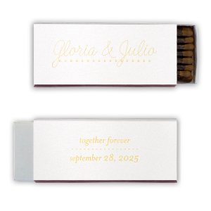 Our beautiful custom Stardream Crystal White Triangle Matchbox with Shiny 18 Kt Gold Foil can be customized to complement every last detail of your party.