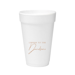 Raise a toast with the Boho Terracotta Cheers to the Wedding Cup, where rustic meets refinement. The phrase "Cheers to the" is beautifully presented in a classic serif font, inviting you to inscribe the couple's surname below in a sophisticated script. A cup that embodies the warmth and subtle drama of your autumnal nuptials.