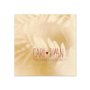 The Heart and Hashtag Napkin design weaves whimsy and modernity, featuring the couple's names in a charming font, unified by a heart. Below, a blank hashtag awaits a personal touch, inviting guests to share memories online—a playful nod to digital age festivities.