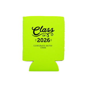 Keep the party cool with the Swirly Graduation Can Cooler. Bursting with energetic swirls and celebratory sparks, this fun design captures the excitement of graduation. The word "Class" is underscored by a swirling flourish, with the graduation year and space for the name and school below. Perfect for toasting the graduate’s big achievement.