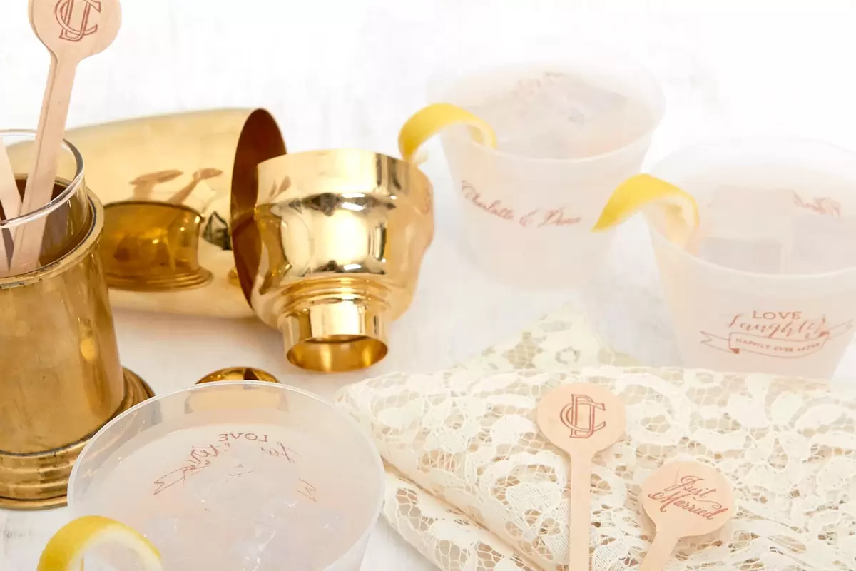 custom designed frosted cups for your wedding reception bar