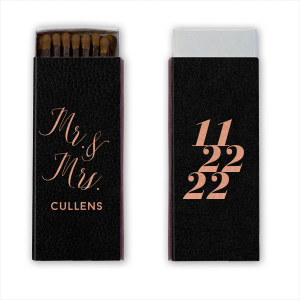 Our customLeather Like Black Pillow Matchbox with Shiny Rose Gold Foil will impress guests like no other. Make this party unforgettable.